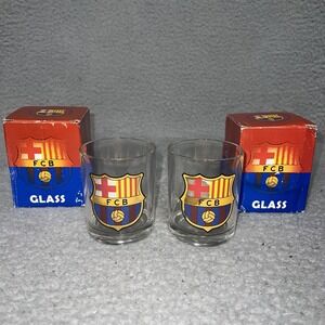NIB (2) FC Barcelona Shot Glass Clear Barware Collectible Futbol FCB Logo VTG‎